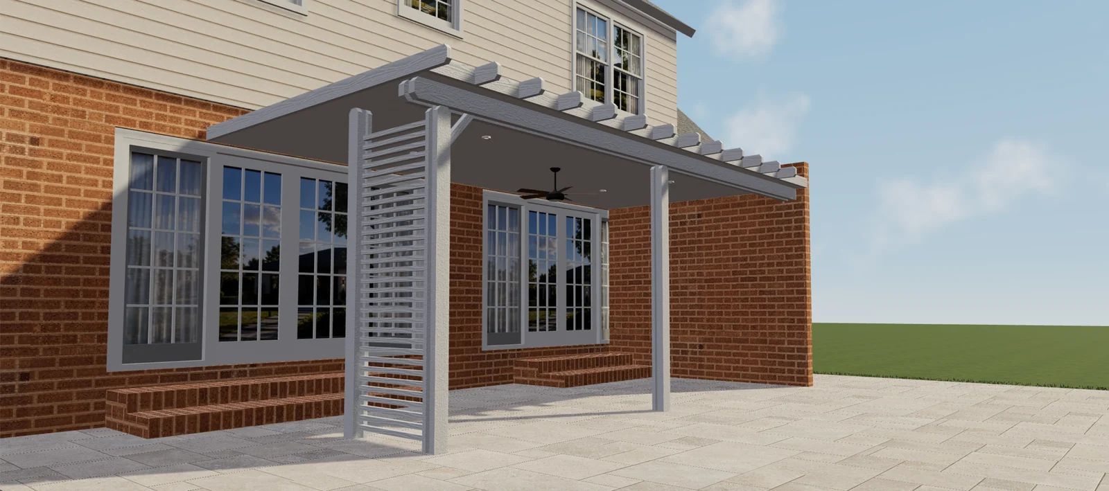 3D-voorbeeld van een witte overdekte pergola met zijpaneel met latten, plafondventilator en inbouwverlichting.