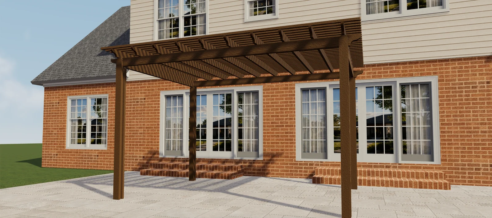 Vooraanzicht van een bruine pergola in houtlook met open latten­dak in een 3D-terrassescène.
