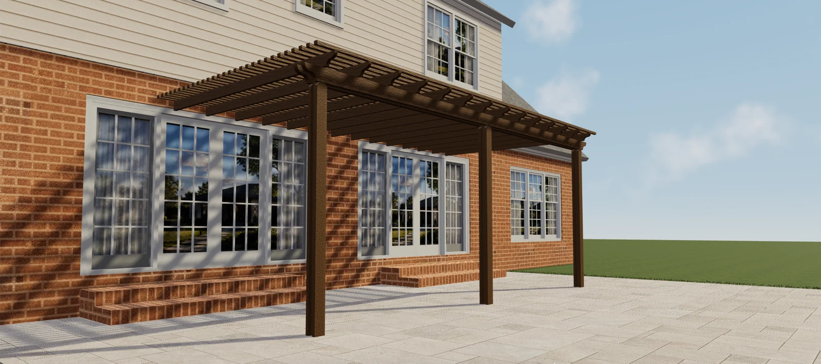 Zijaanzicht van een bruine pergola in houtlook met open daklatten, palen en decoratieve balkuiteinden.