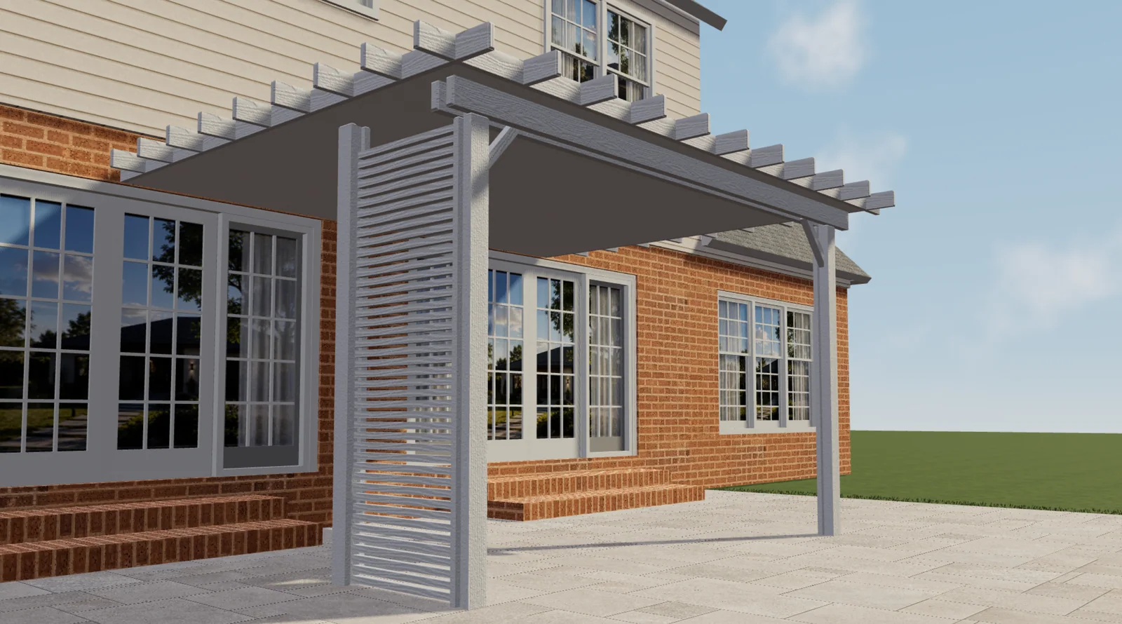 3D-voorbeeld van de Elite Aluminum-configurator: witte pergola met gesloten dak, decoratieve balkuiteinden, diagonale schoren en een zijpaneel met latten naast een bakstenen huis.