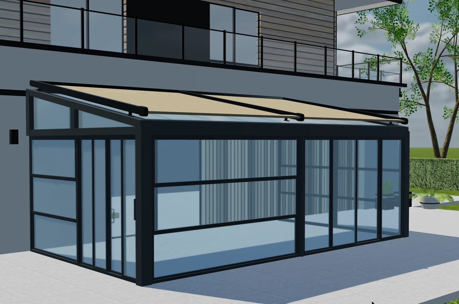 3D-voorbeeld van een glazen tuinkamer met donker frame en crèmekleurige dakbedekking naast een huis.
