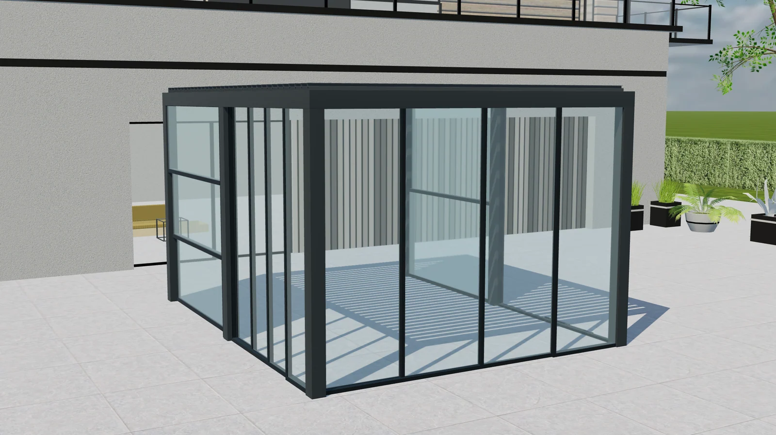 3D-voorbeeld van een Tenteks Italia-pergola met donker frame, open daklamellen en glaspanelen in verschillende standen.