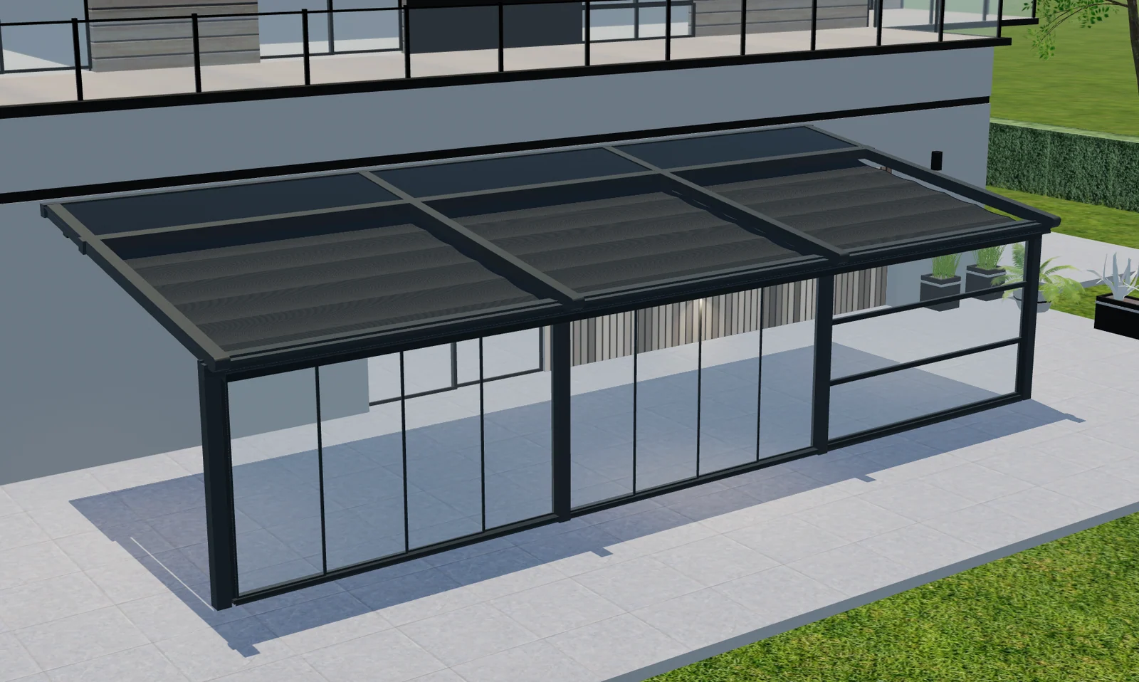 Verhoogd 3D-voorbeeld van een pergola met donker frame, dakpanelen en glazen voorzijde.