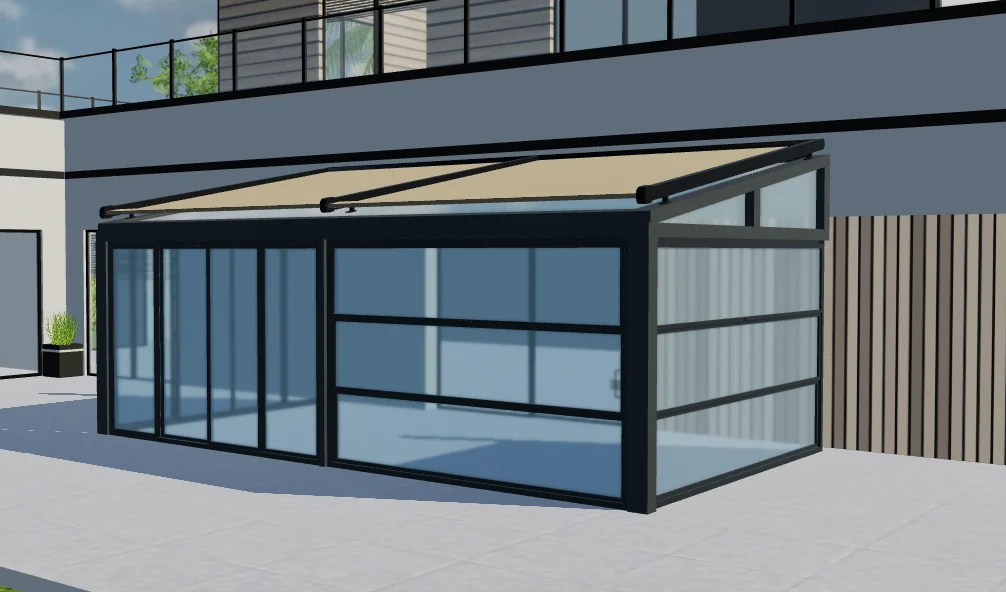 3D-voorbeeld van een wintertuin met donker frame, glazen wanden, schuin dak en crèmekleurige dakbedekking.