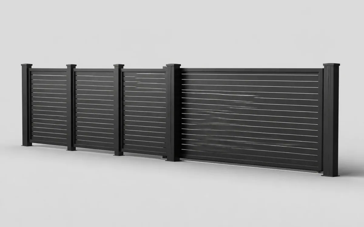 Productrender van antracietkleurige horizontale hekpanelen en bijpassende schuifpoort
