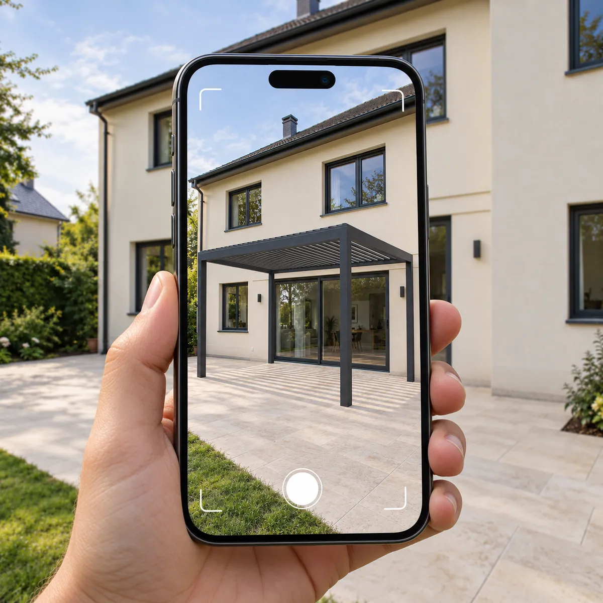 AR-visualisatie op een smartphone: een lamellenpergolamodel op het terras, met het huis op de achtergrond.