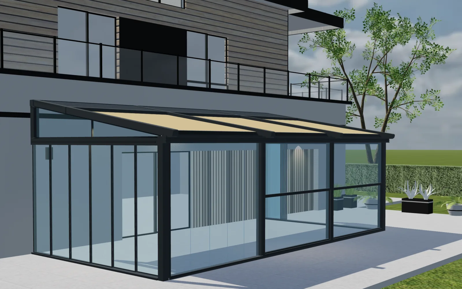 Configurix 3D-pergolaconfigurator met een aangebouwde glazen pergola en een gedeeltelijk uitgeschoven doekdak