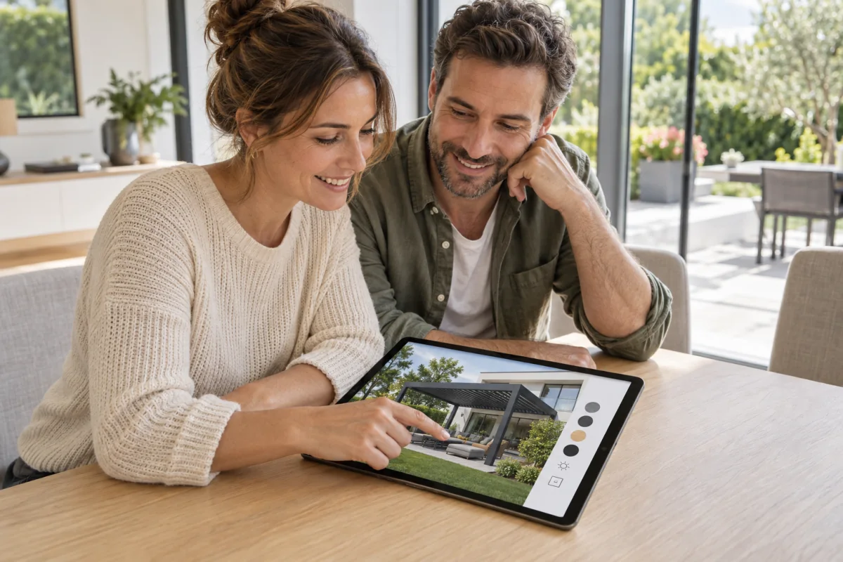 Illustratie van tevreden klanten die hun pergola online kiezen met een interactieve 3D-configurator op een tablet.