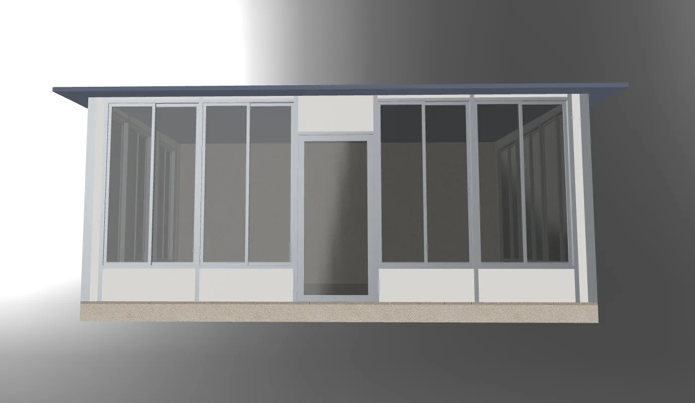 Vooraanzicht van het serremodel met een centrale deur, hoge glaspanelen en dichte onderpanelen.