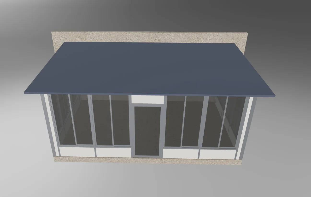 Hoog vooraanzicht van het serremodel met het volledige dichte dak, de voordeur en glazen zijwanden.