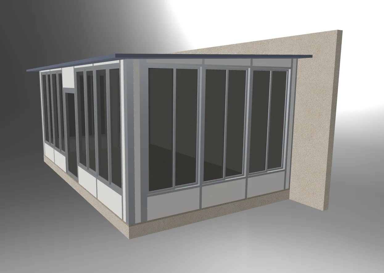 Zijaanzicht van het serremodel met beglazing in kozijnen, dichte onderpanelen en de achterwand.