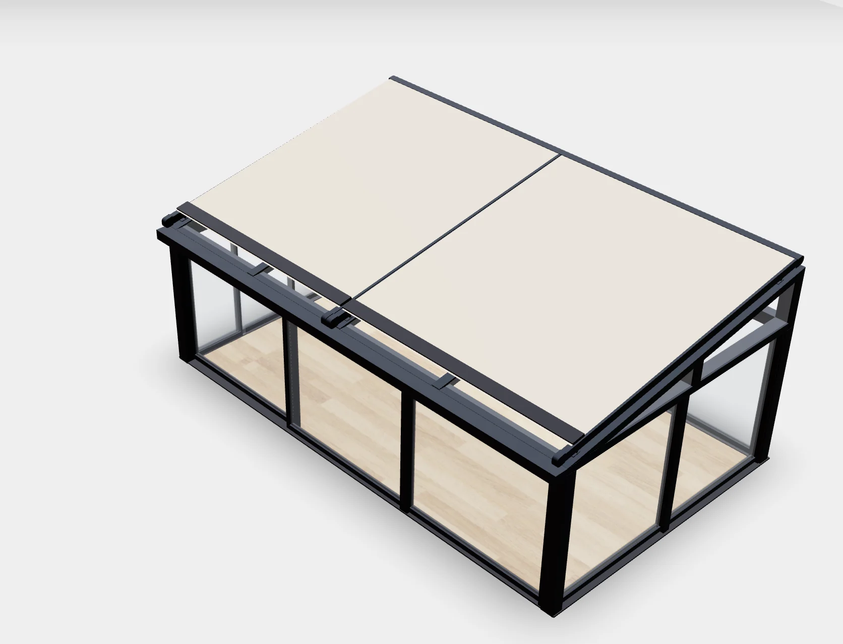 3D-configurator voor veranda's en glazen daken 3D-configuratorweergave van een veranda op maat met omlijste dakpanelen en glazen schuifwanden.